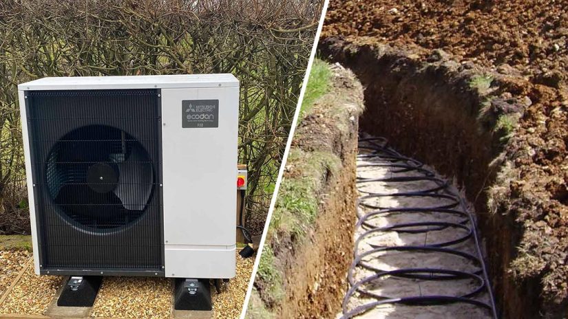 Air source heat pump and ground source coils in soil