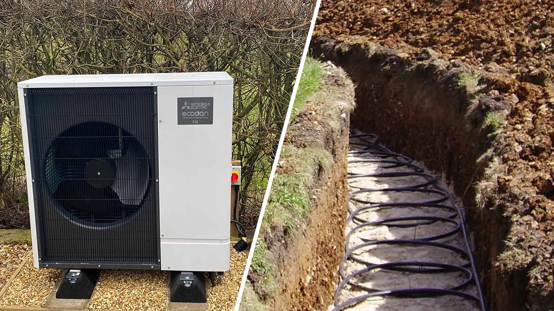 Air source heat pumps versus ground source heat pumps Air source heat pump and ground source coils in soil